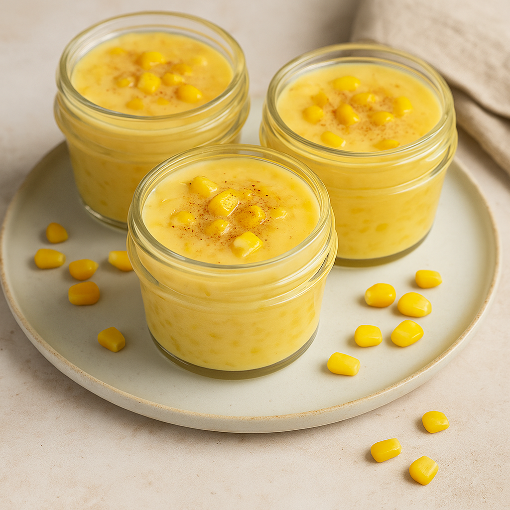 Milho com leite condensado servido em potes de vidro com creme amarelo, decorado com grãos de milho e toque de canela.