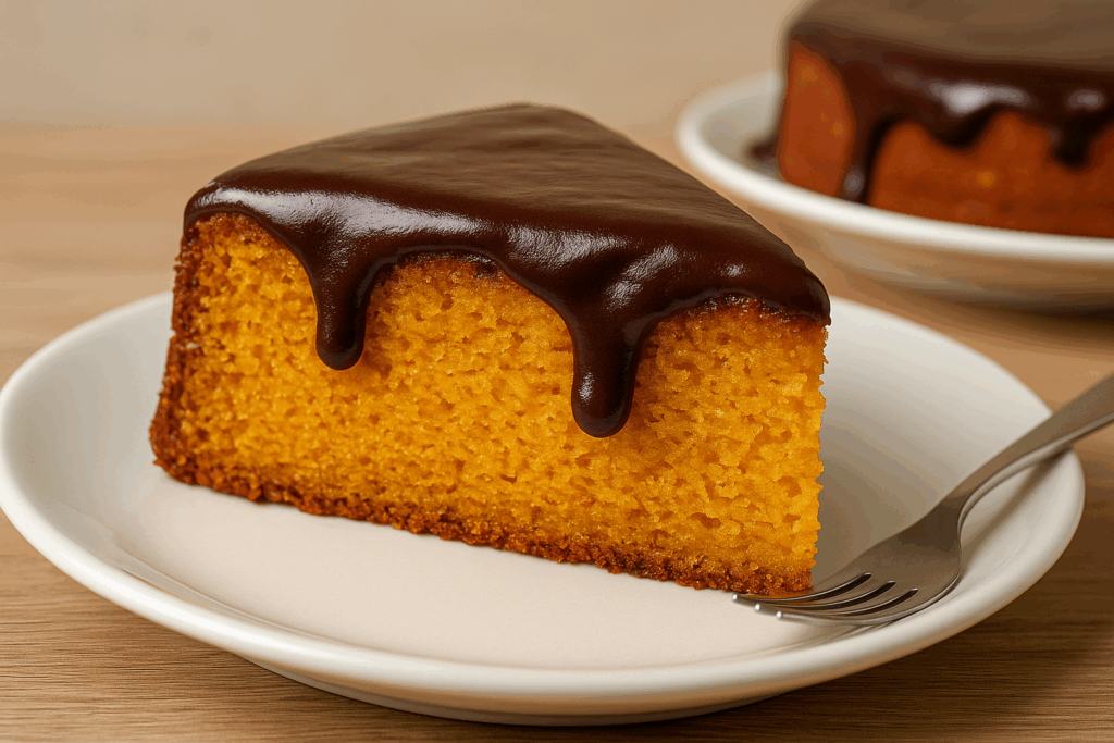 Fatia de bolo de cenoura fofinho com cobertura cremosa de chocolate sobre prato branco - X Sabores