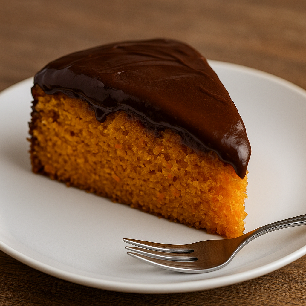 Fatia de bolo de cenoura com cobertura cremosa de chocolate no prato branco – X Sabores