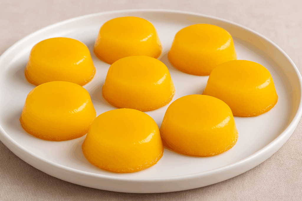 Quindins dourados com brilho, servidos diretamente em prato branco sobre fundo claro.