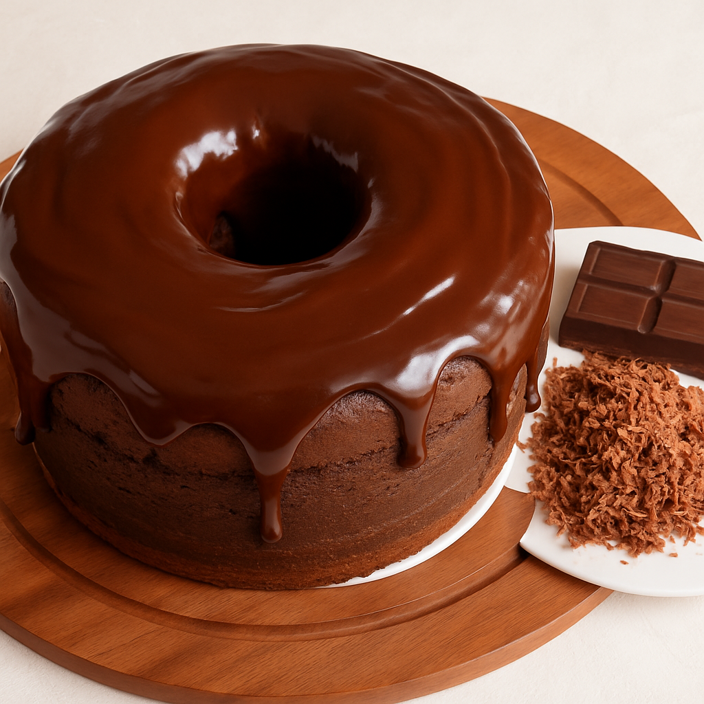 Bolo de chocolate com cobertura cremosa, servido em prato sobre tábua de madeira com pedaços de chocolate ao lado.