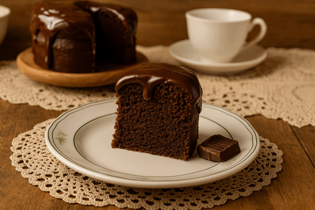 Fatia de bolo de chocolate com cobertura, servida em prato branco sobre toalha de crochê com xícara ao fundo.