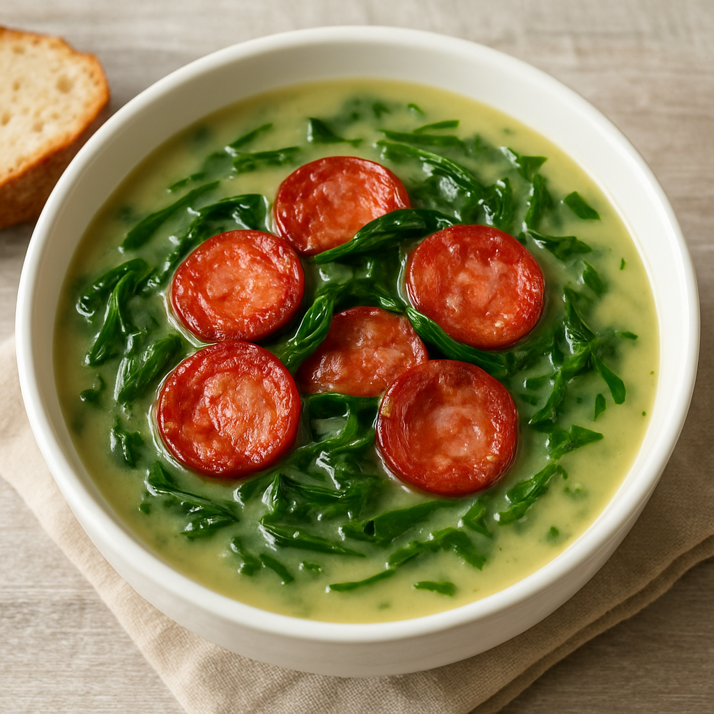 Caldo verde servido com rodelas de calabresa e tiras de couve em prato fundo branco sobre superfície rústica.